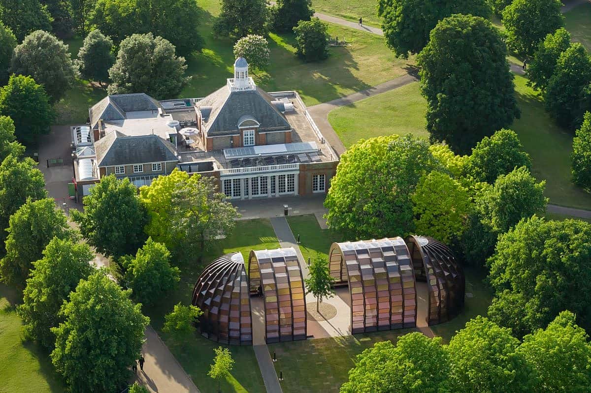 The 2025 Serpentine Pavilion in London's Hyde Park, created by Bangladeshi architect Marina Tabassum, is named A Capsule in Time. Photo: Iwan Baan courtesy of the Serpentine Galleries.