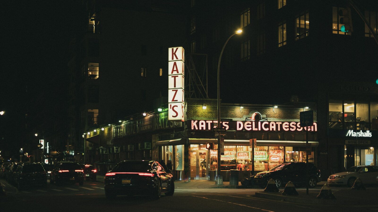 katz deli in lower east side new york at night