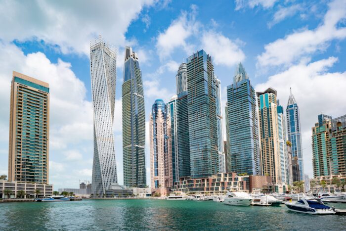 skyscrapers in dubai along the waterfront