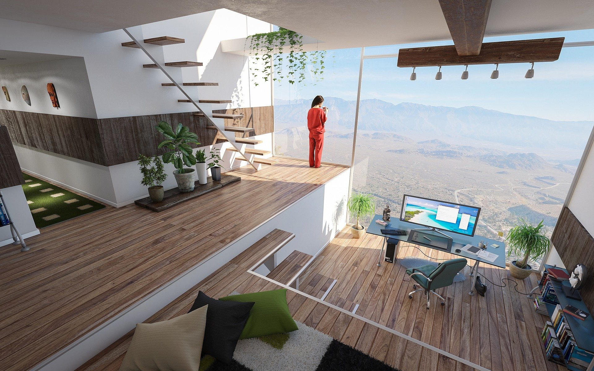 home office of the future with walls of glass and open space