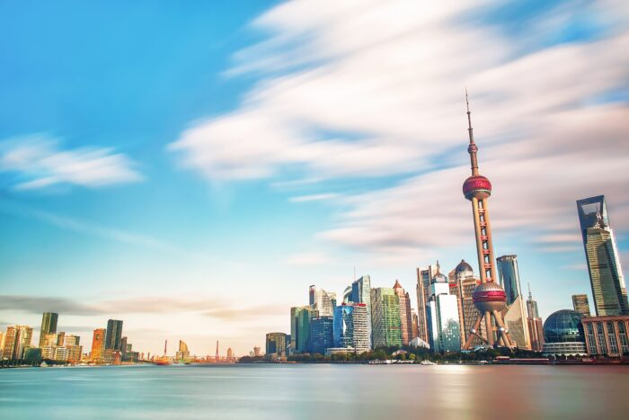 shanghai stylized skyline with clouds and landmarks