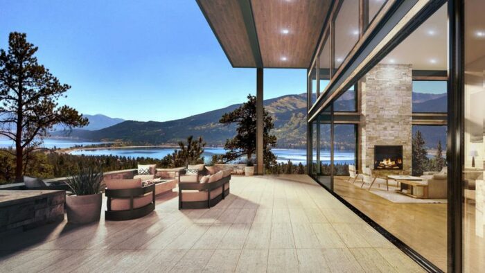 rendering of a luxury home near a lake in colorado called angelview