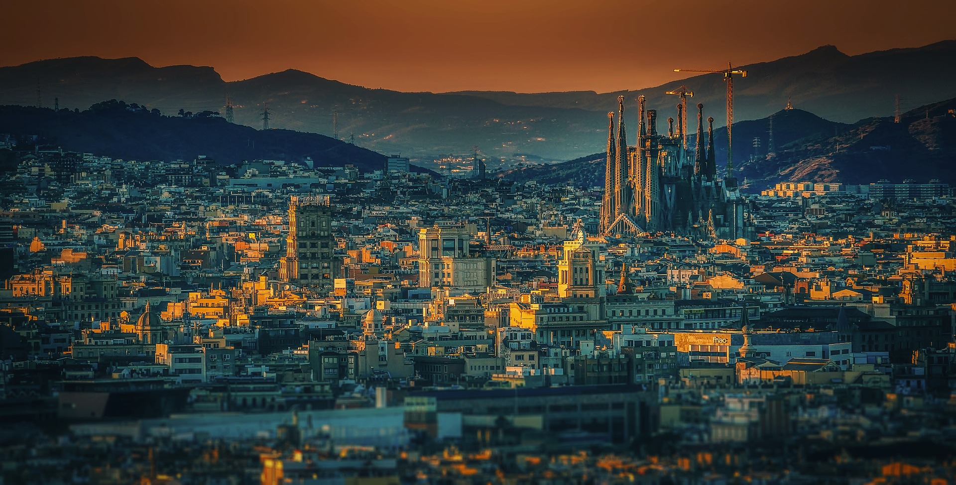 aerial view of barcelona and the cathedral at sunset