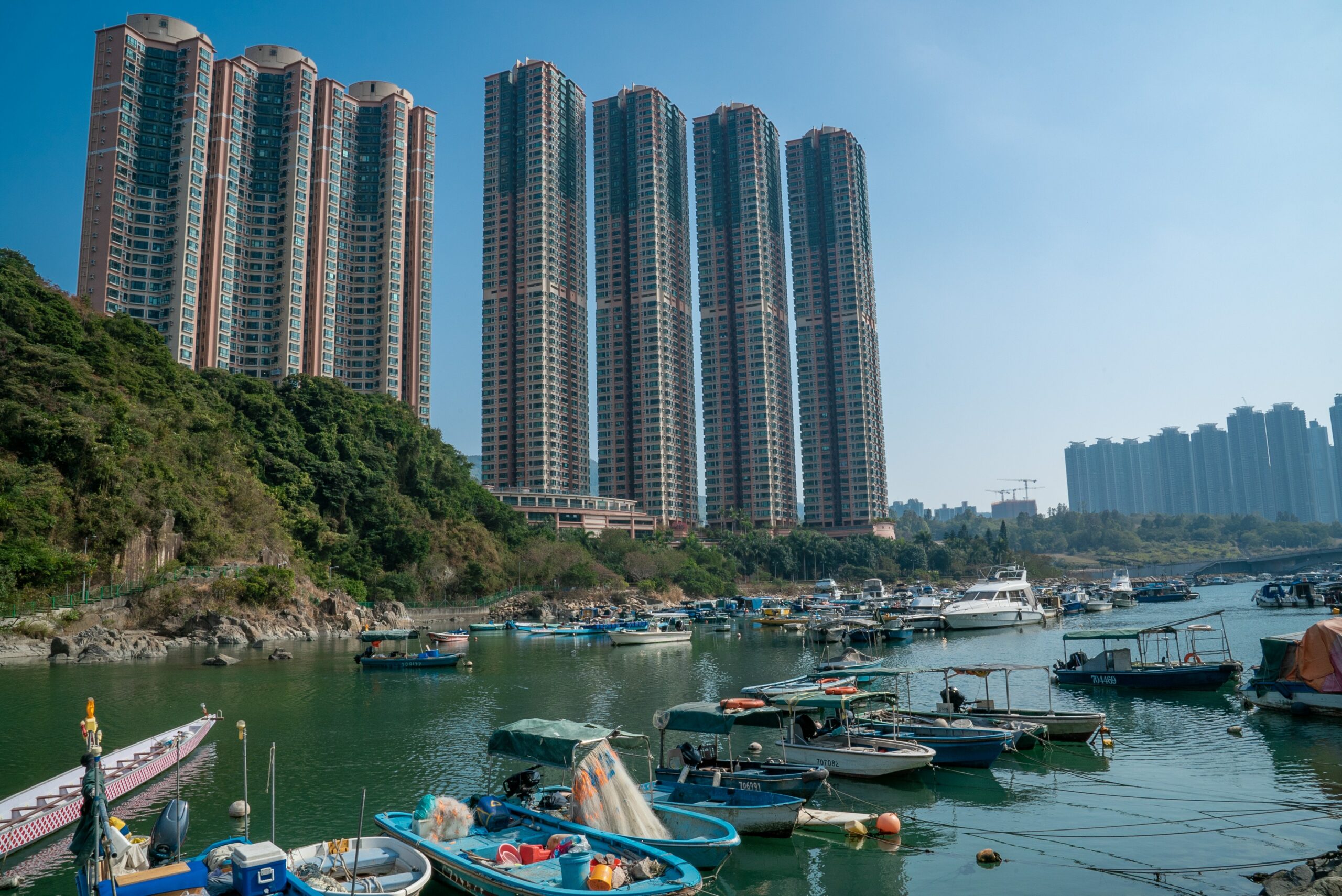 hong kong towers overlooking fishing boats and bay