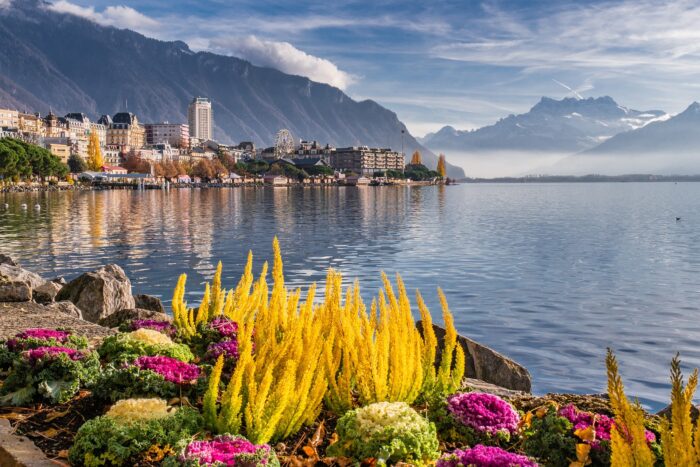 the banks of lake geneva with the city in the background