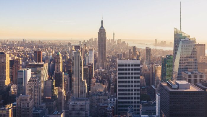 new york city skyline at daybreak