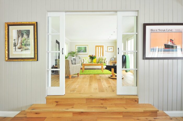 pocket doors open to a living room