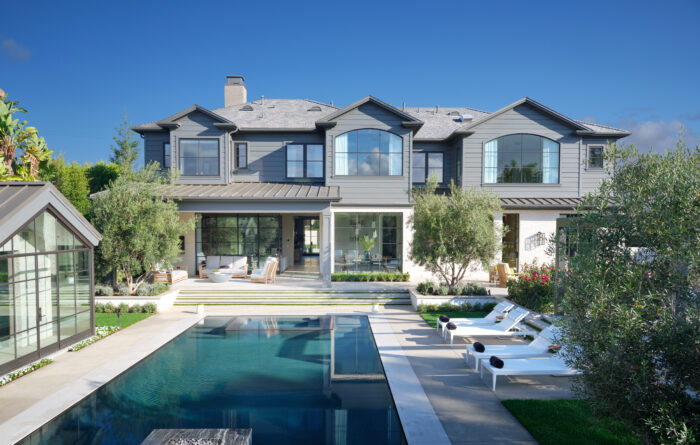 Backyard, swimming pool and exterior of an Adam Hunter Hanover Project in Brentwood, Los Angeles, CA