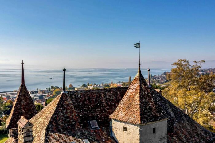 rooftop view of medieval 15th century chateaus and castles in switzerland