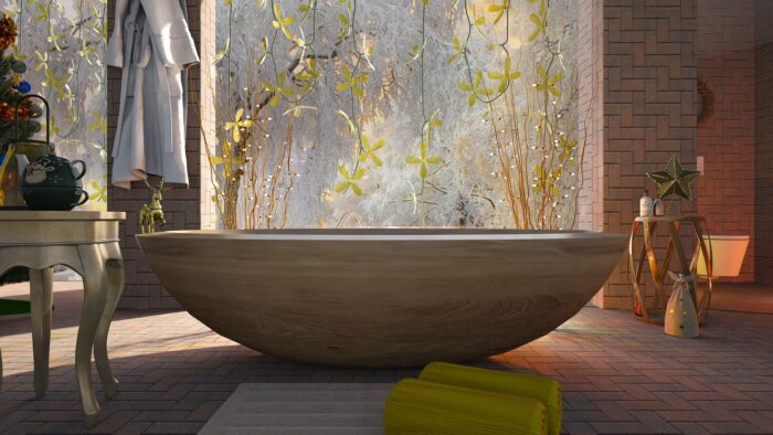futuristic soaking tub in front of a window