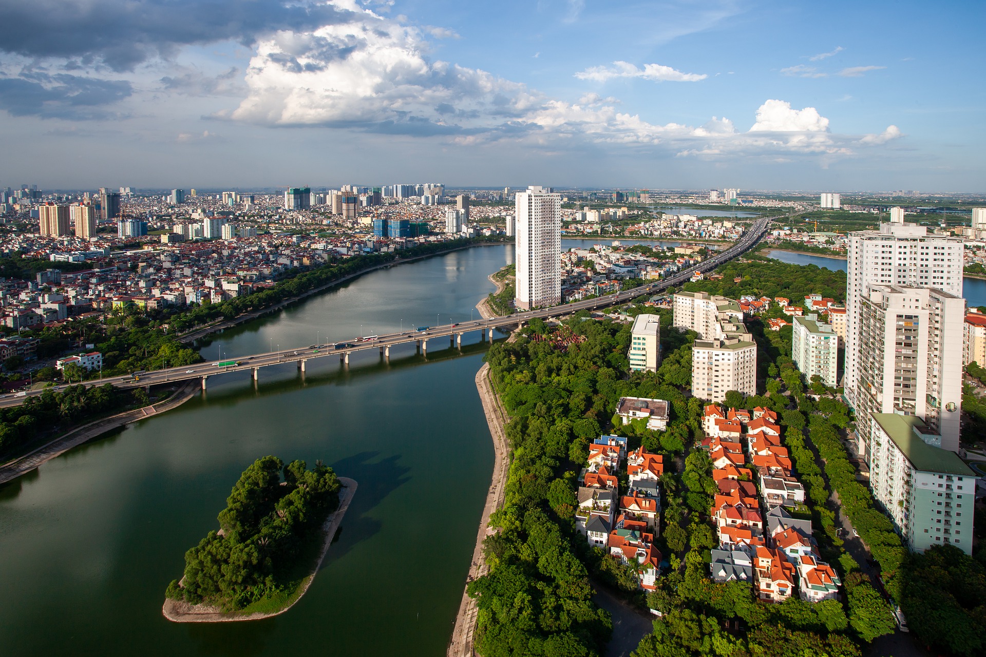 aerial view of waterway and buildings in vietnam
