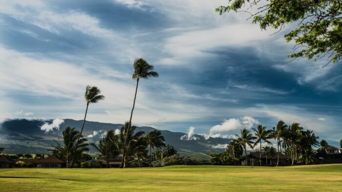 a row of homes line the golf course in maui with dark blue sky in the background
