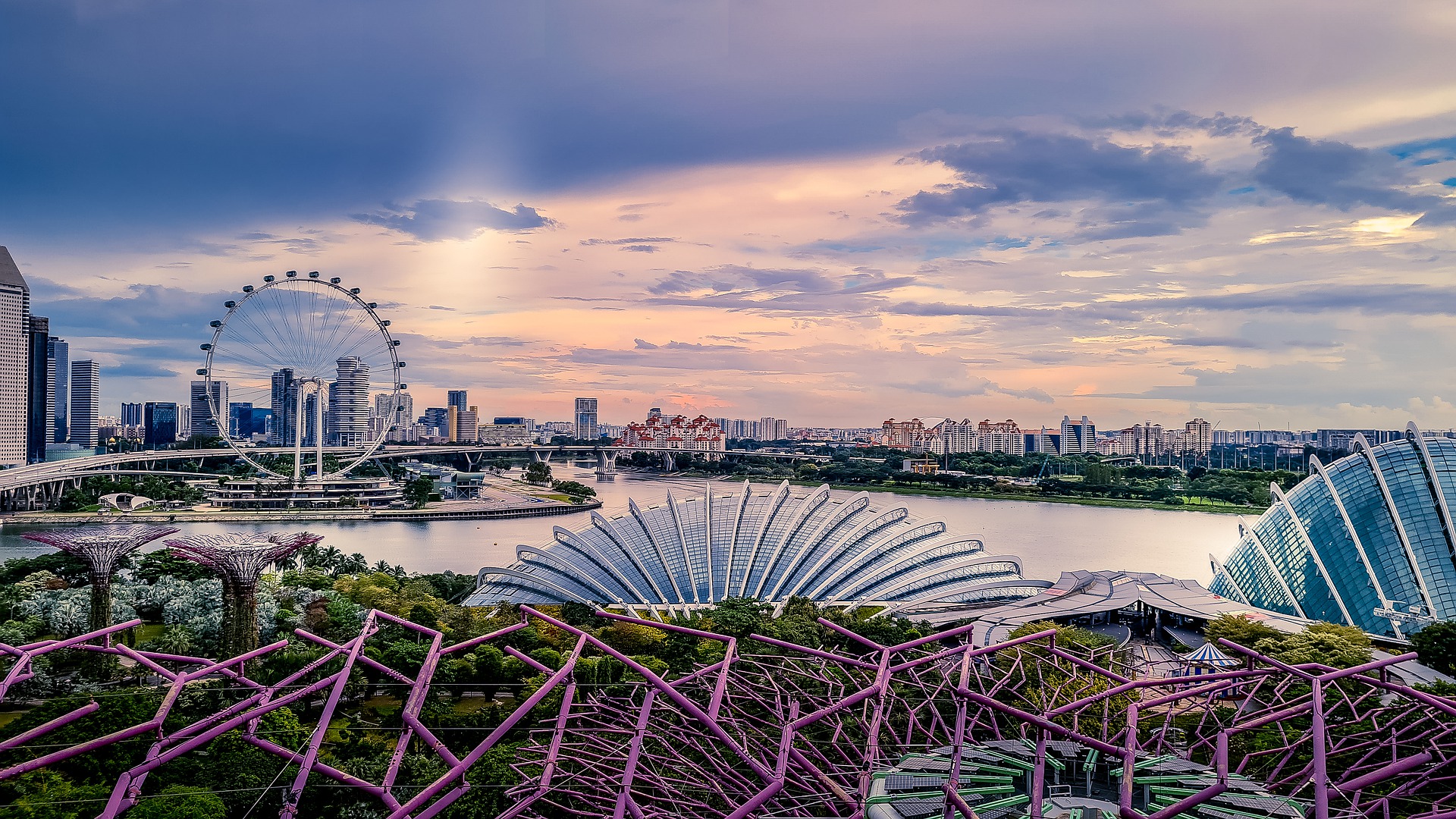 singapore harbor skyline aerial view at dusk