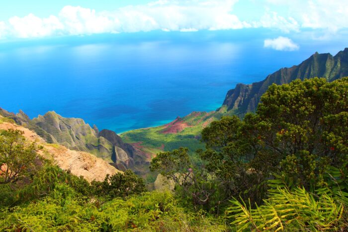 kauai coastline and mountains with blue water