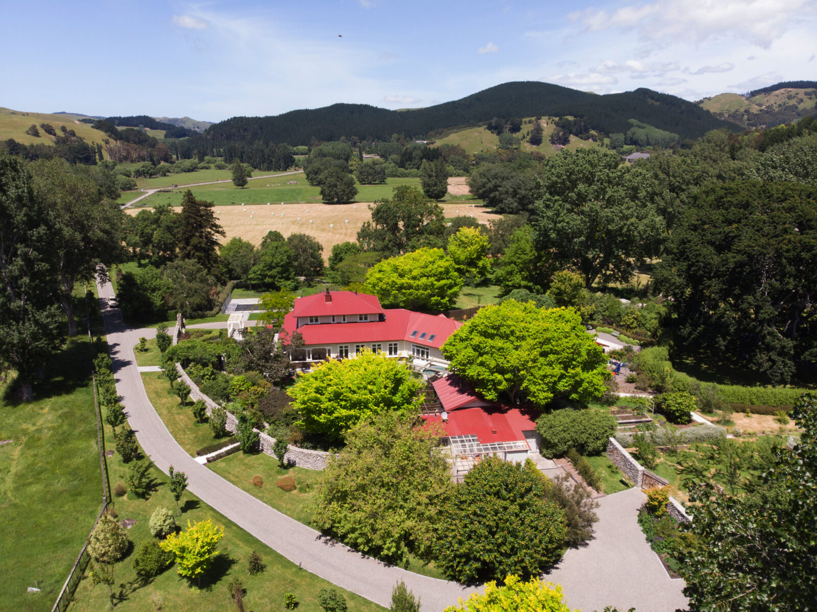 aerial view of tinui station homestead in new zealand