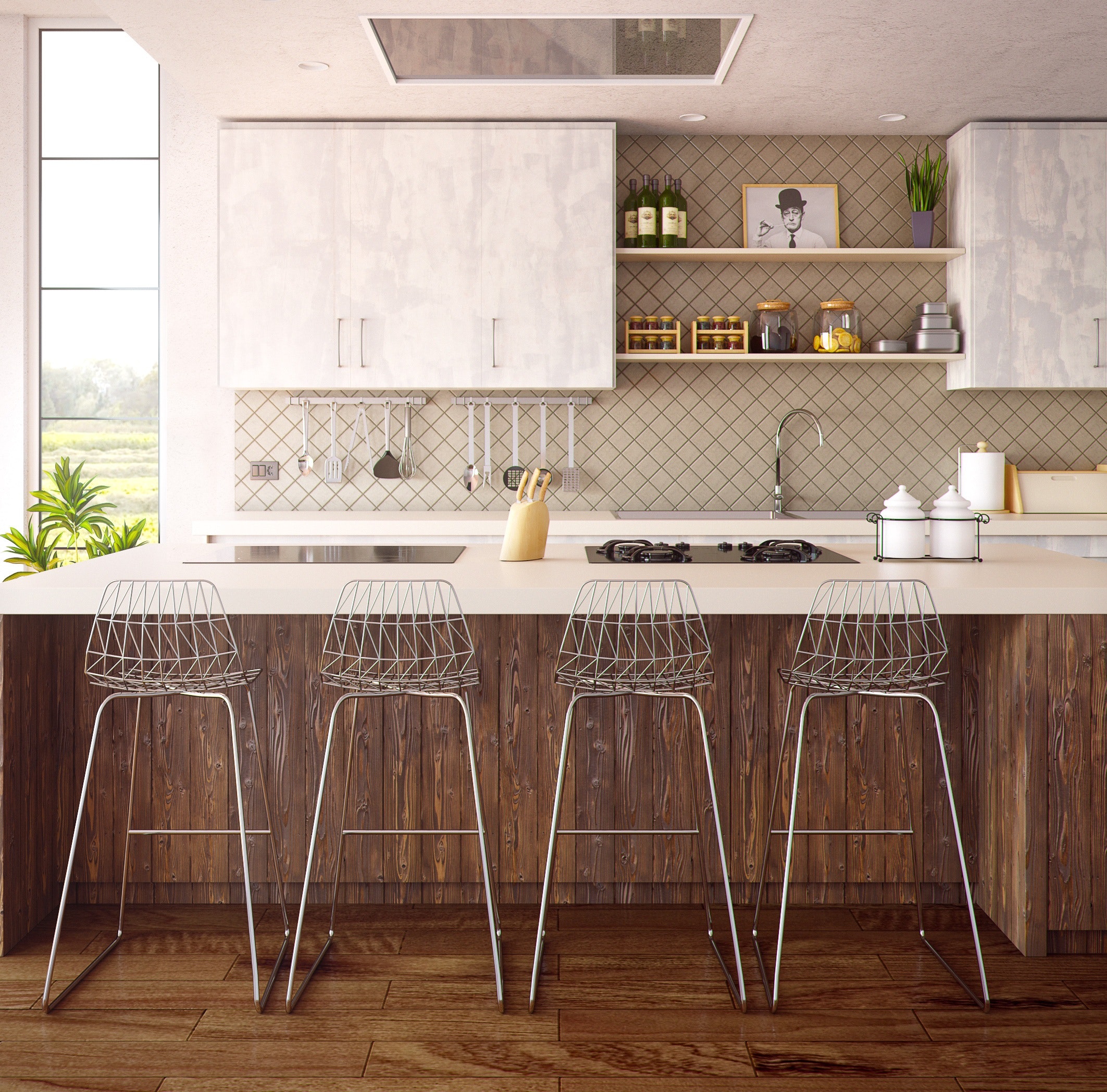 modern kitchen with white cabinetry and conemporary bar seats