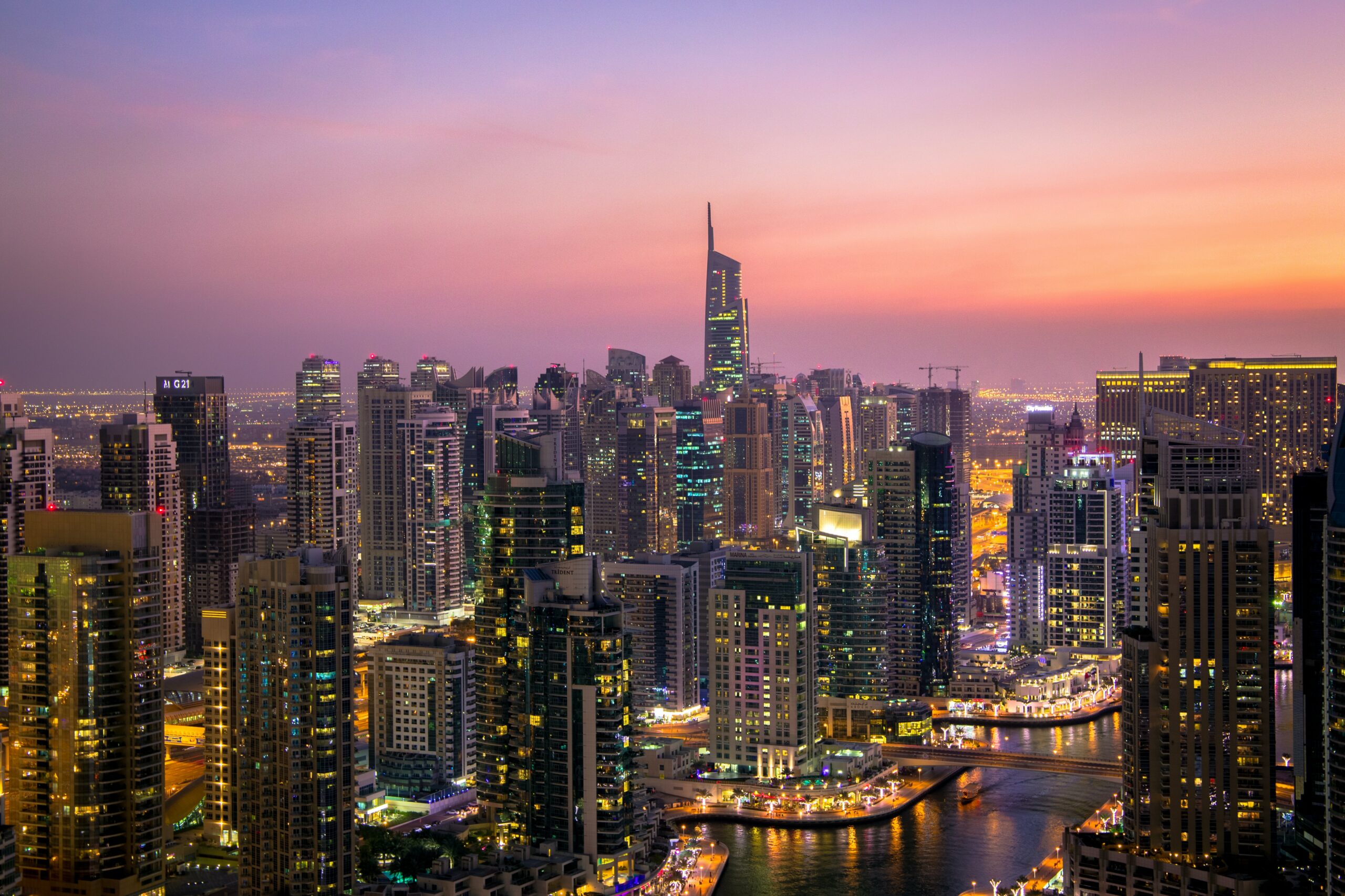 dubai skyline at sunset