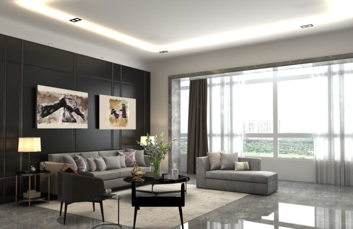 living room with black walls and floor to ceiling windows