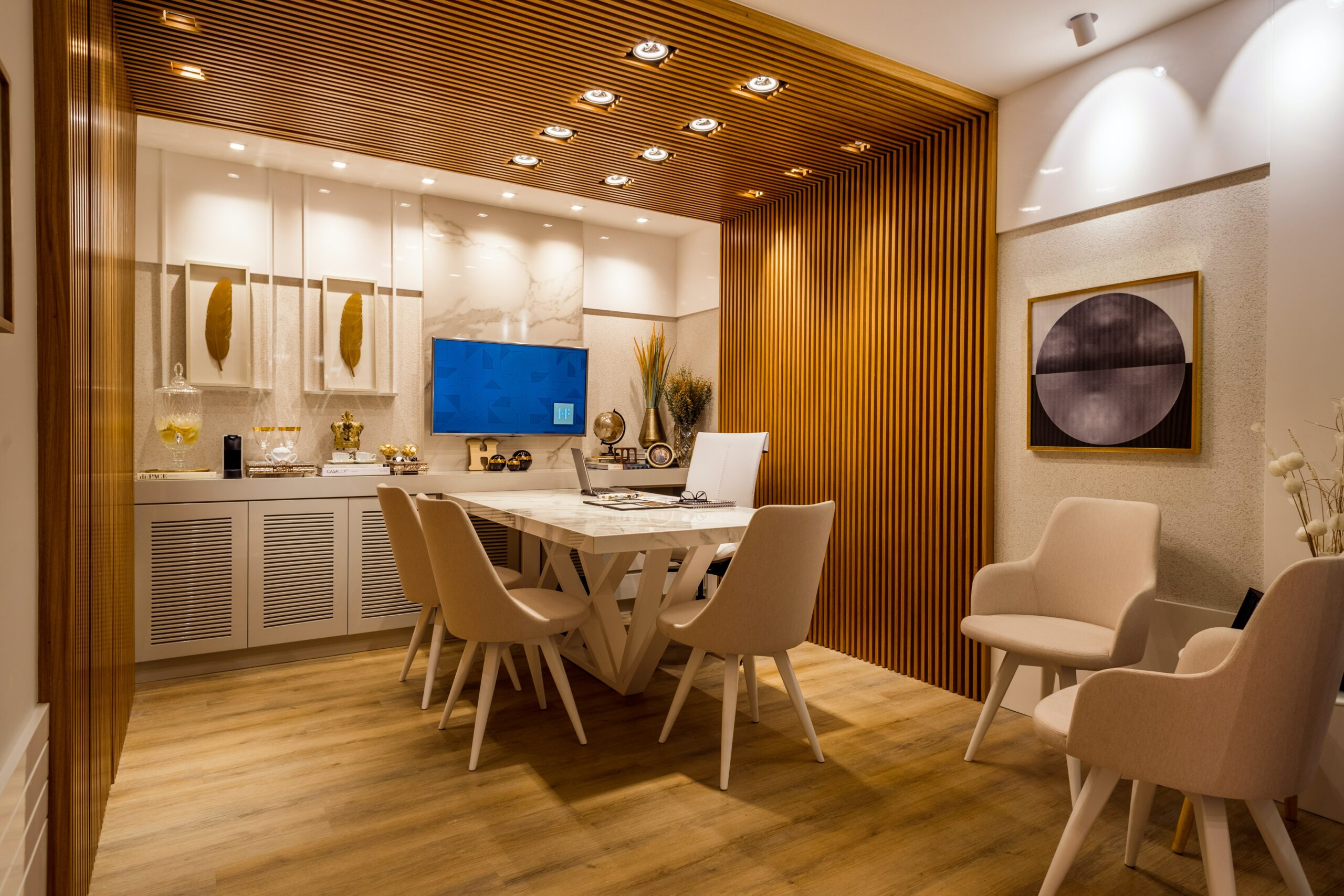 luxury dining room with wood siding and white furniture