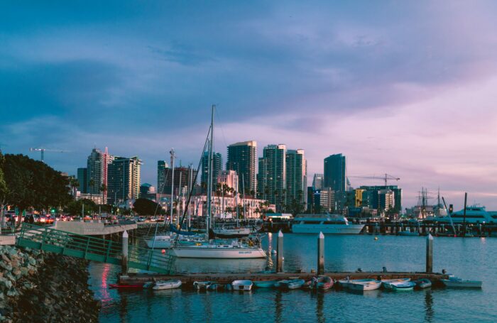 san diego harbor with boats and skyline view