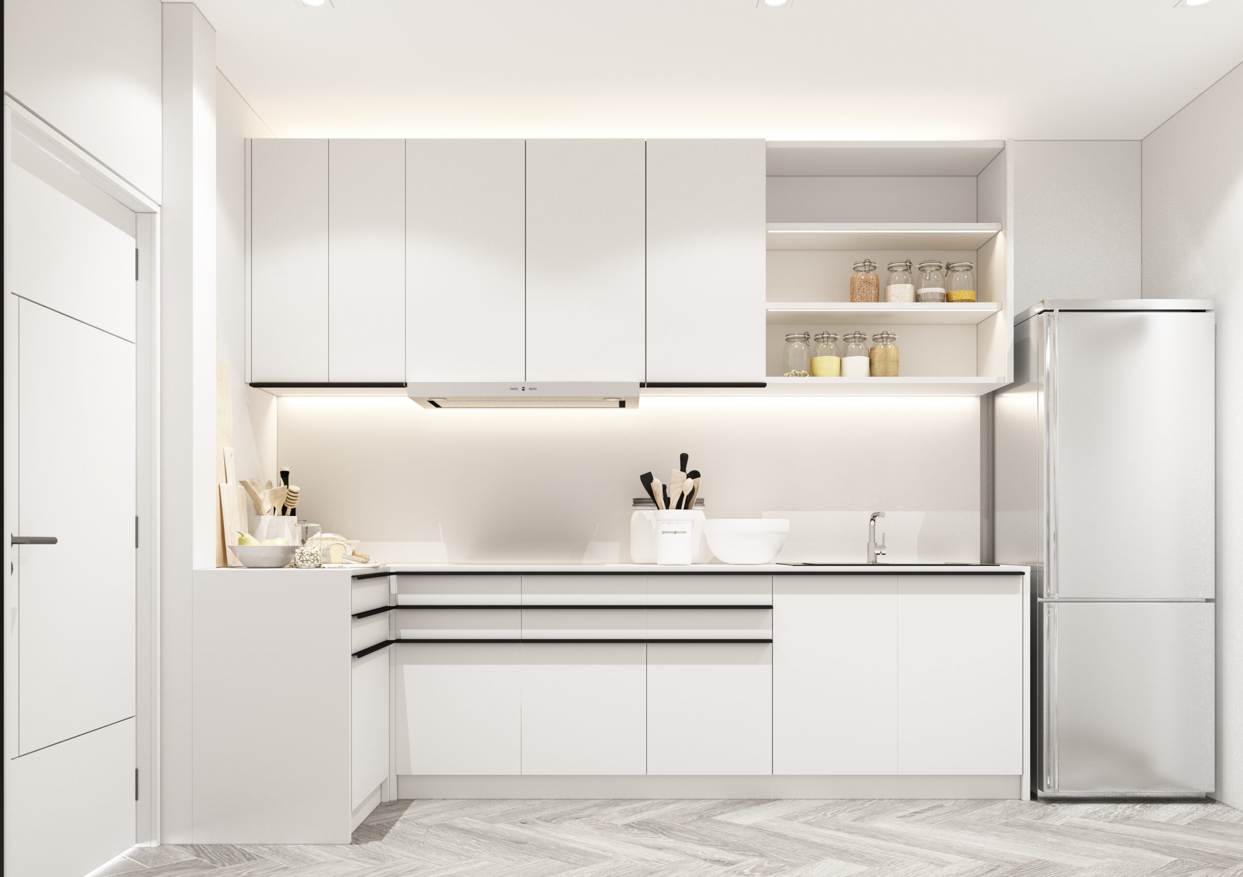 stealth appliances in a luxury all-white kitchen