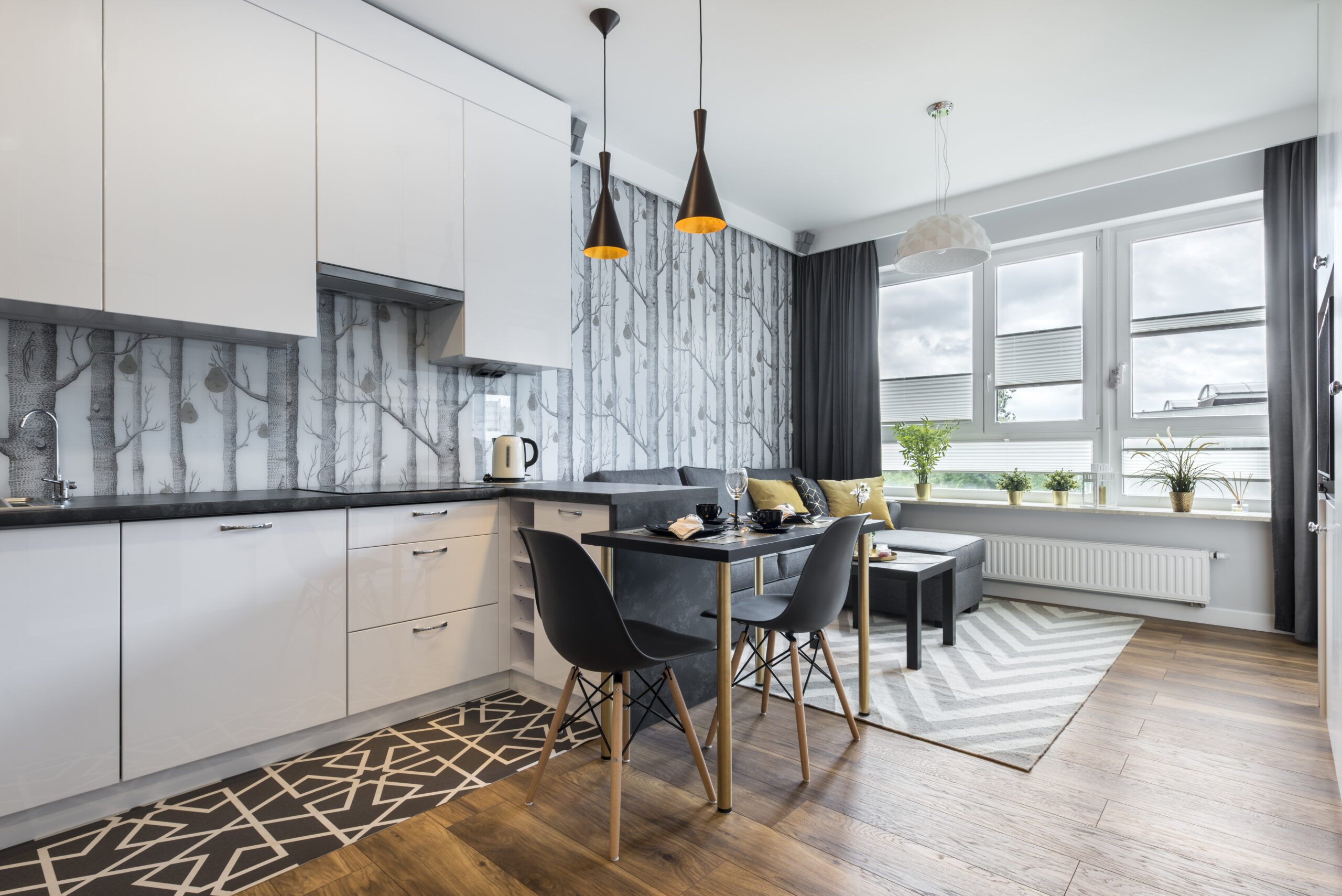 luxury kitchen with wallpaper