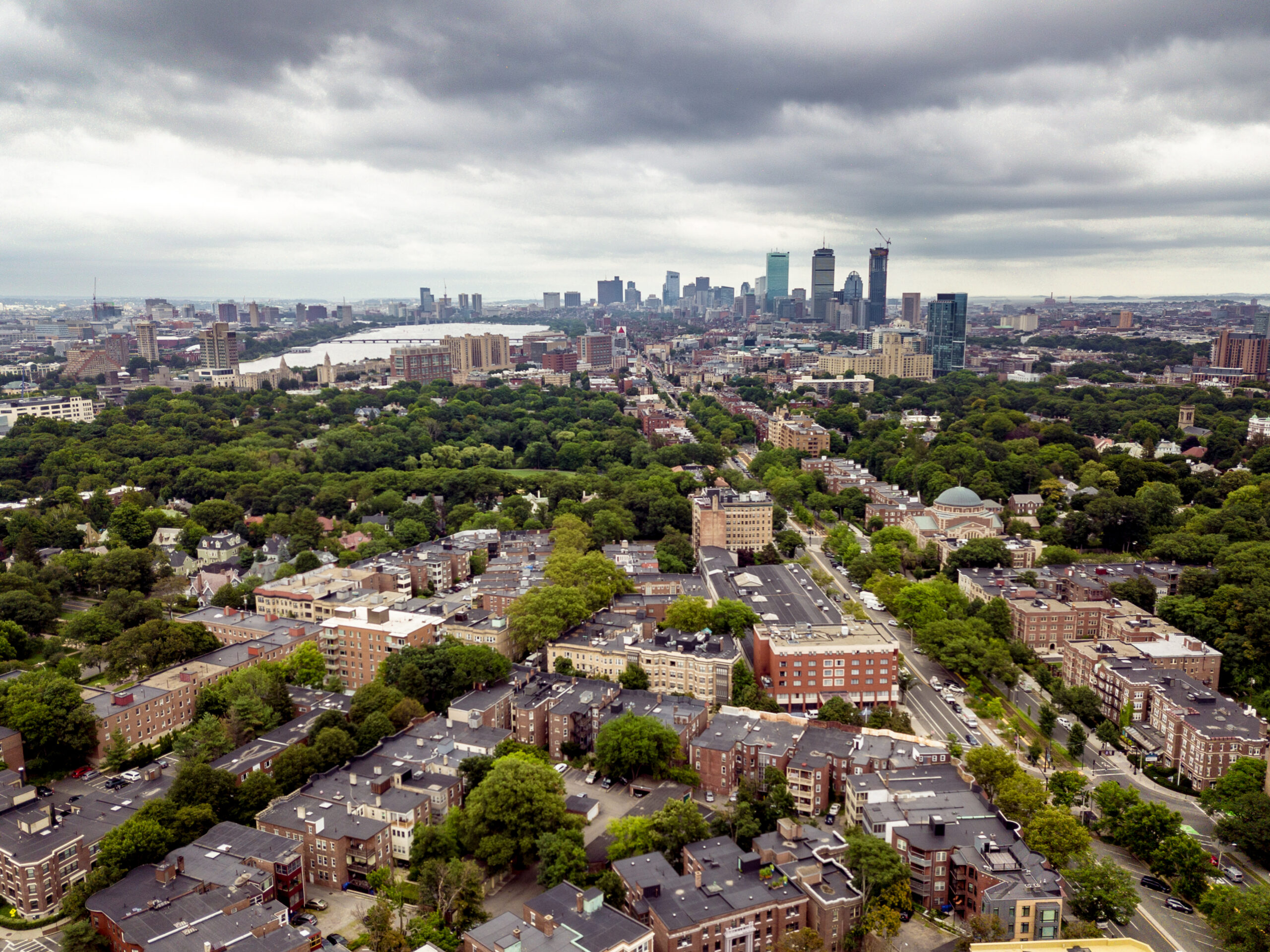 aerial view of brookline neighborhood near boston