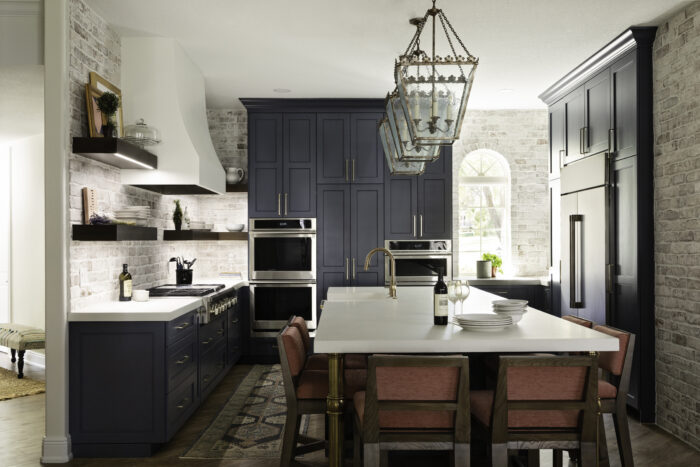 Contemporary Chef's Kitchen With Blue Cabinetry Lisa Gilmore Design