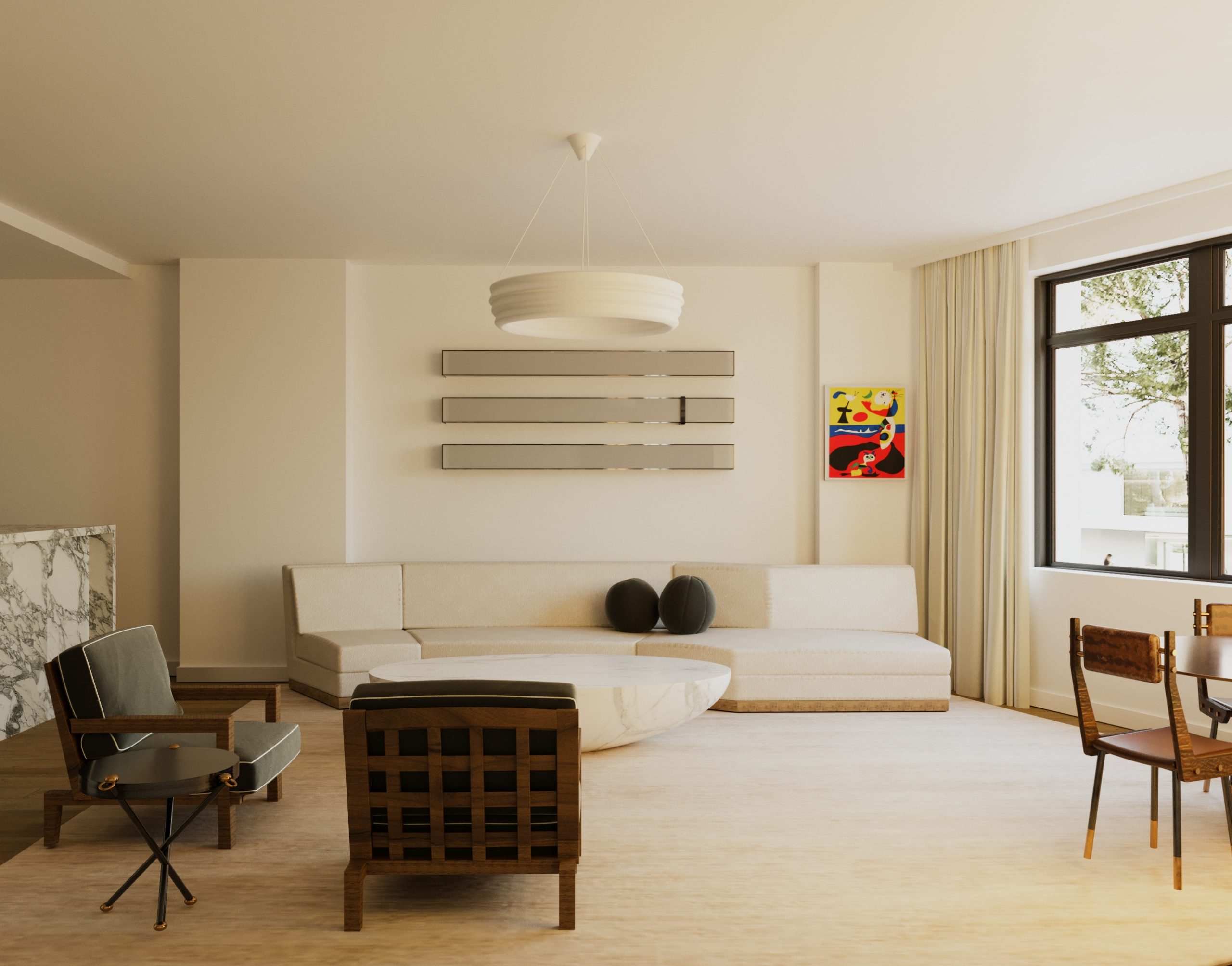 Interior view of a living room with white couch balanced with neutrals and pops of color.