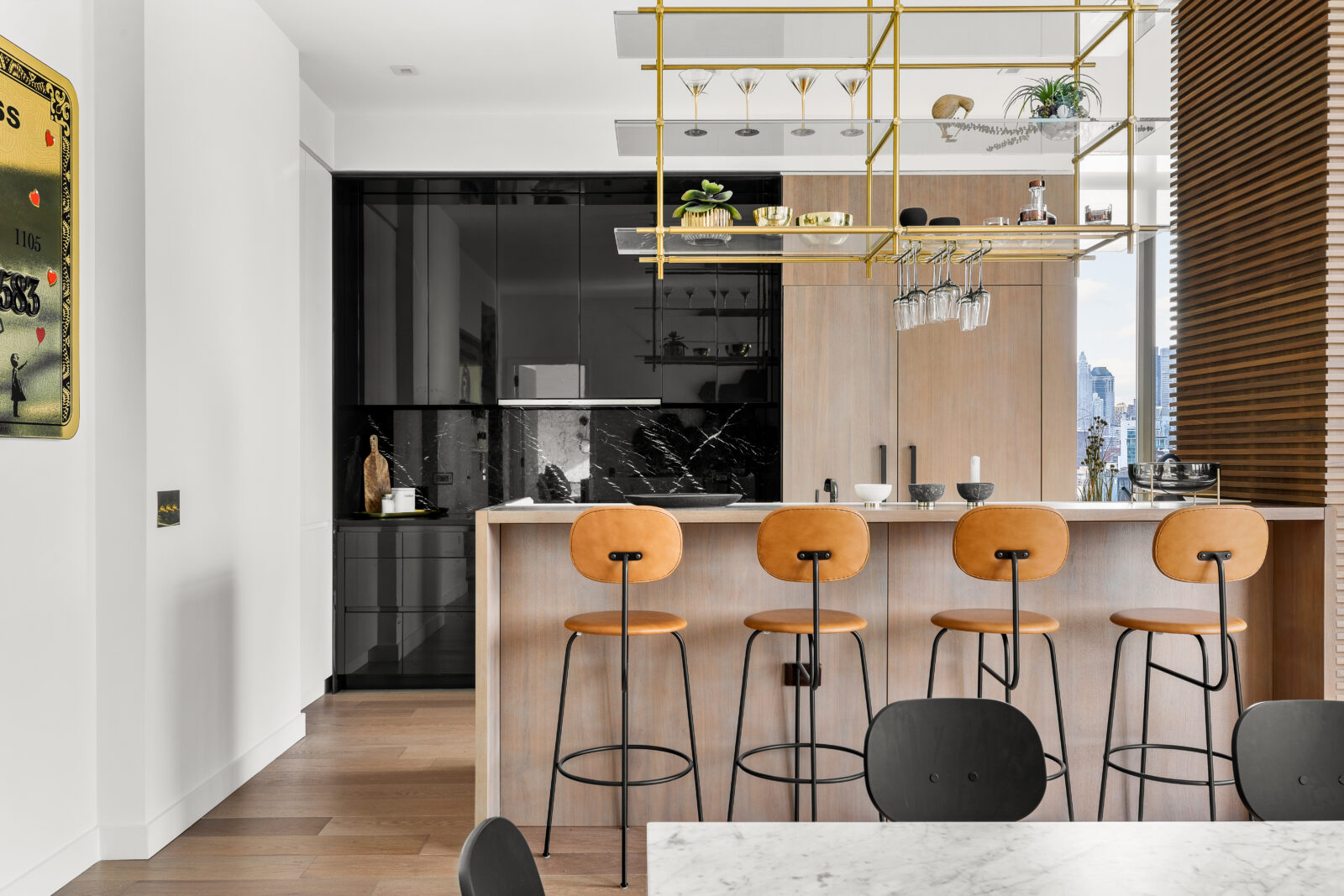 interior view of a kitchen with dramatic black marble detail