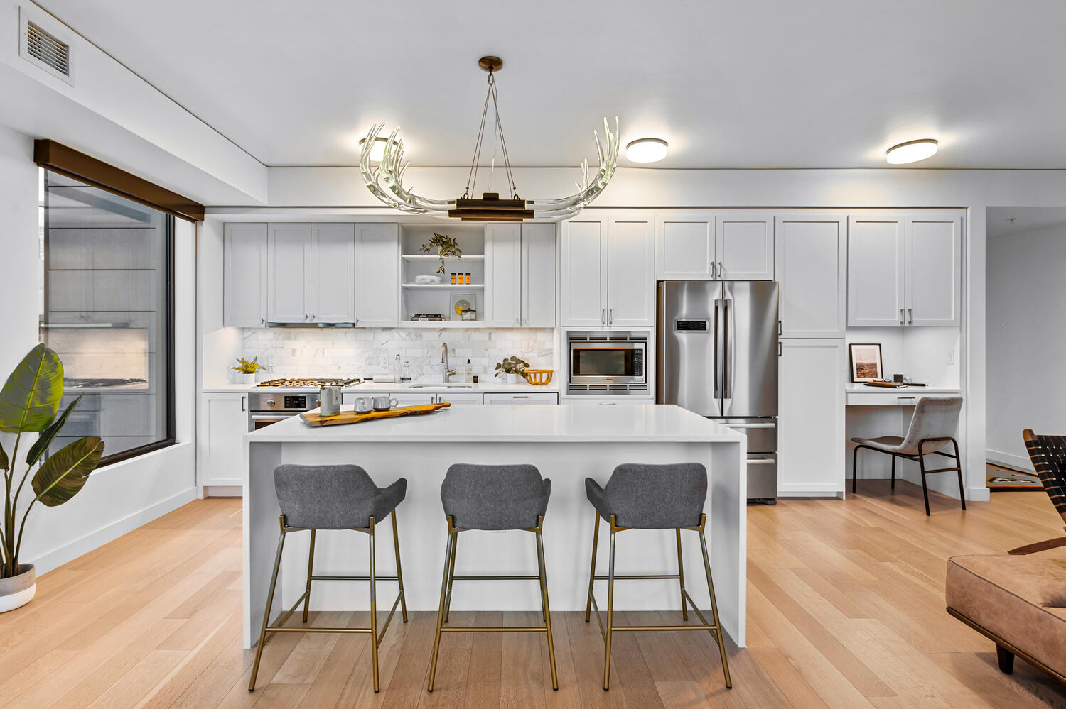 interior view of a kitchen showcasing dramatic lighting