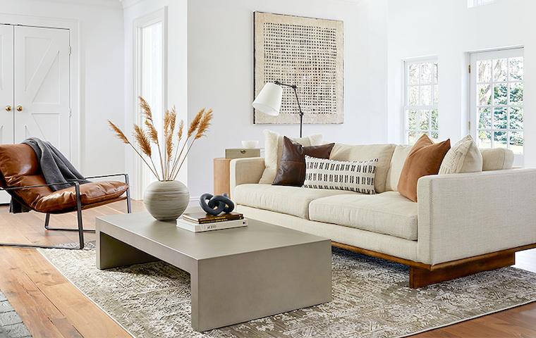 interior view of a couch with chairs in a clean modern design.