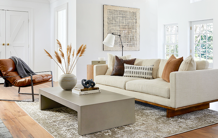 interior view of a couch with chairs in a clean modern design. 