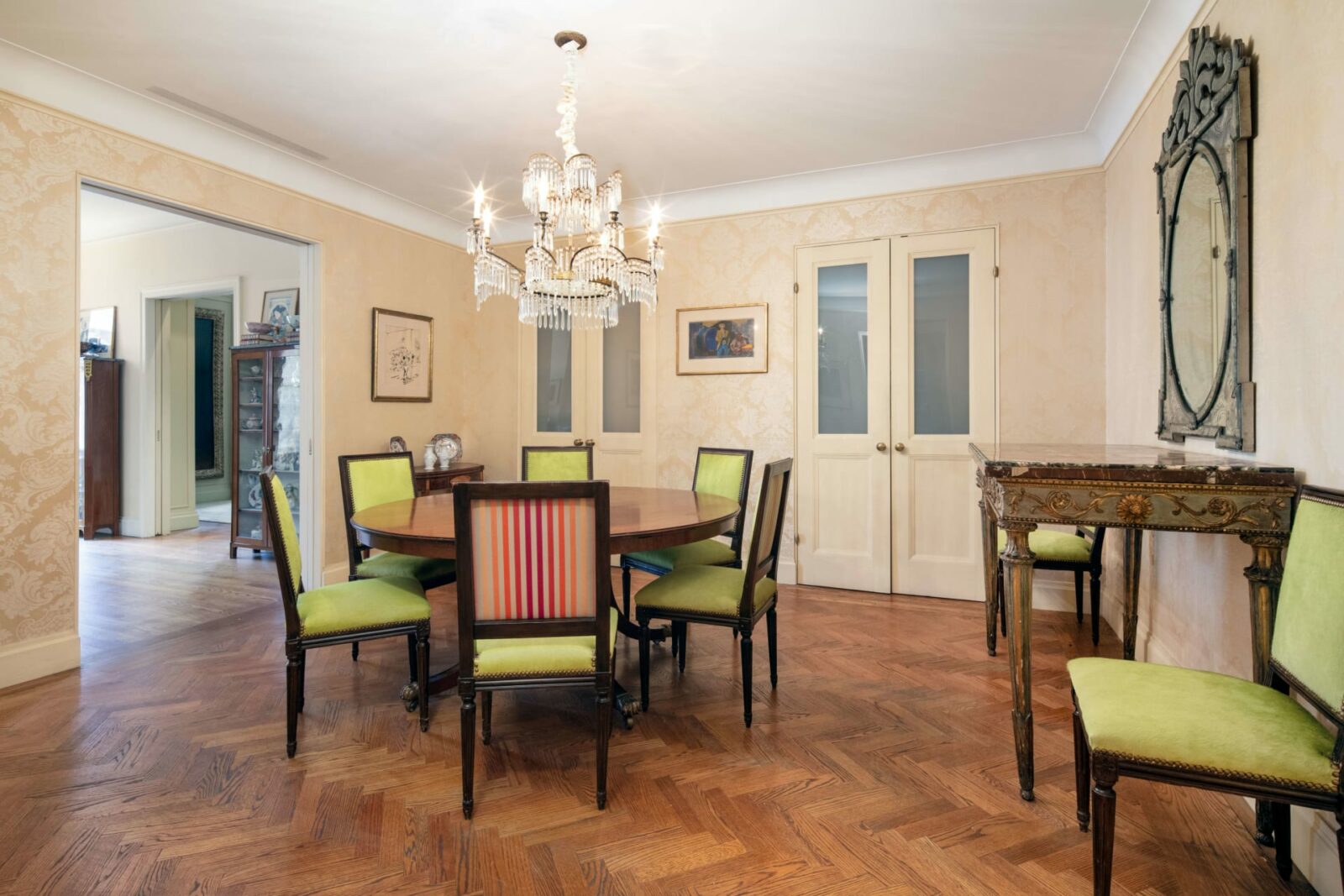 Interior view of a dining room with herringbone flooring