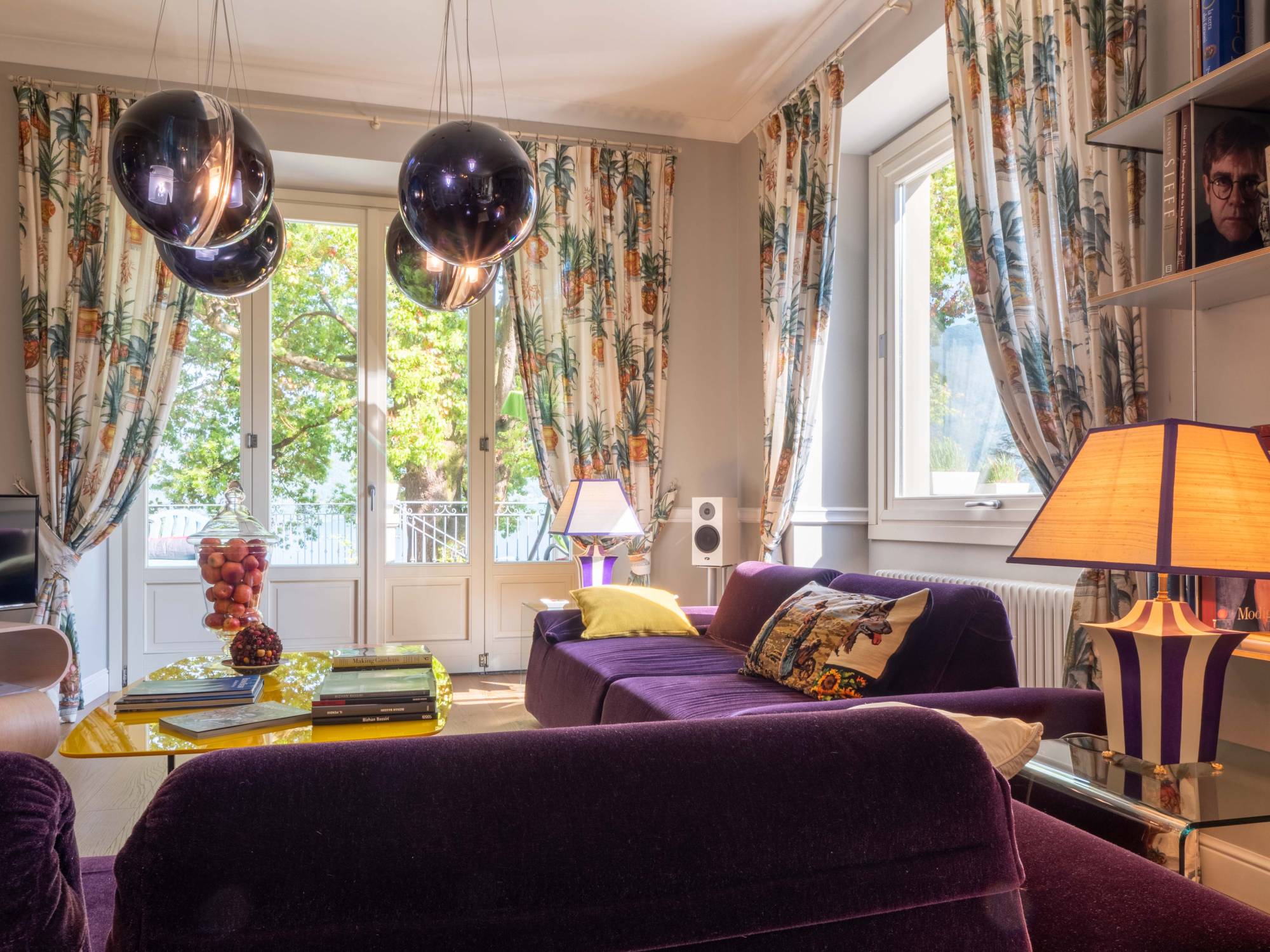 Interior view of the living room with designer furnishings.