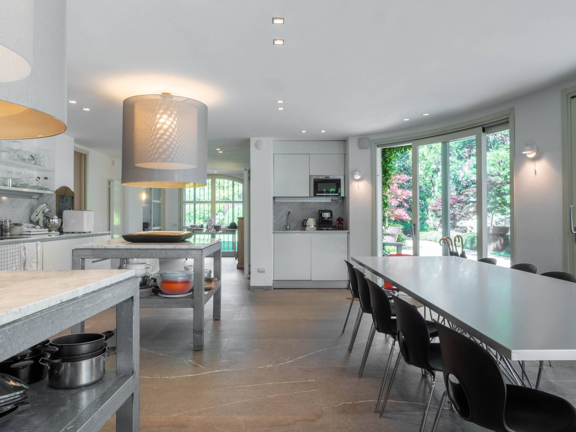 Interior view of a kitchen with a large table