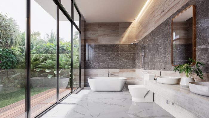 Luxury Bathroom With Soaking Tub And Walls Of Windows