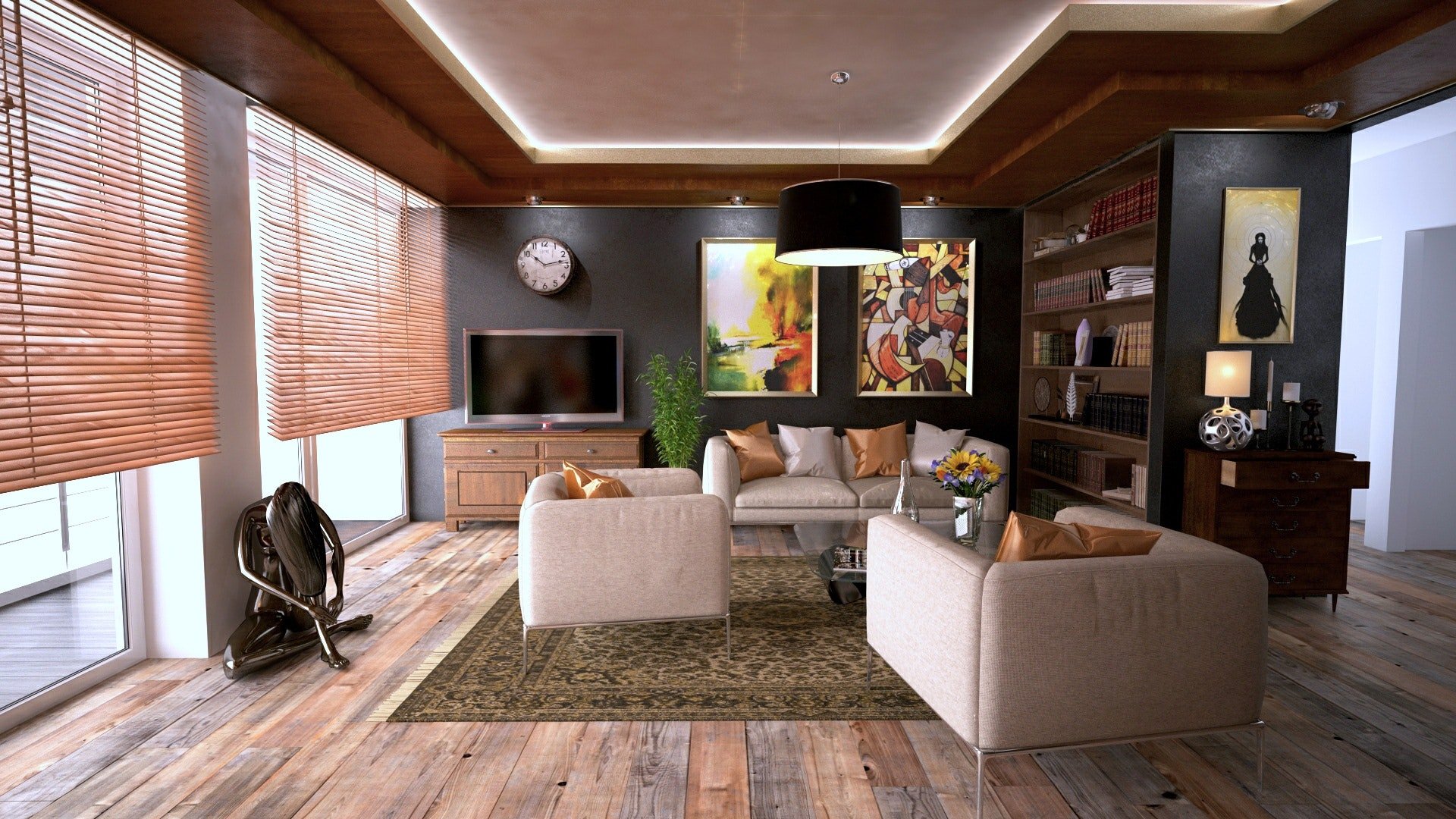 boxy living room copnfiguration with drawn shades