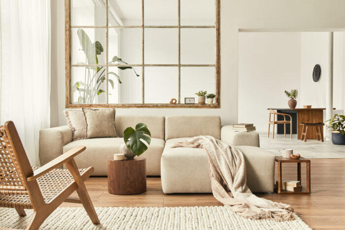 Cozy White Living Room With Large Mirror