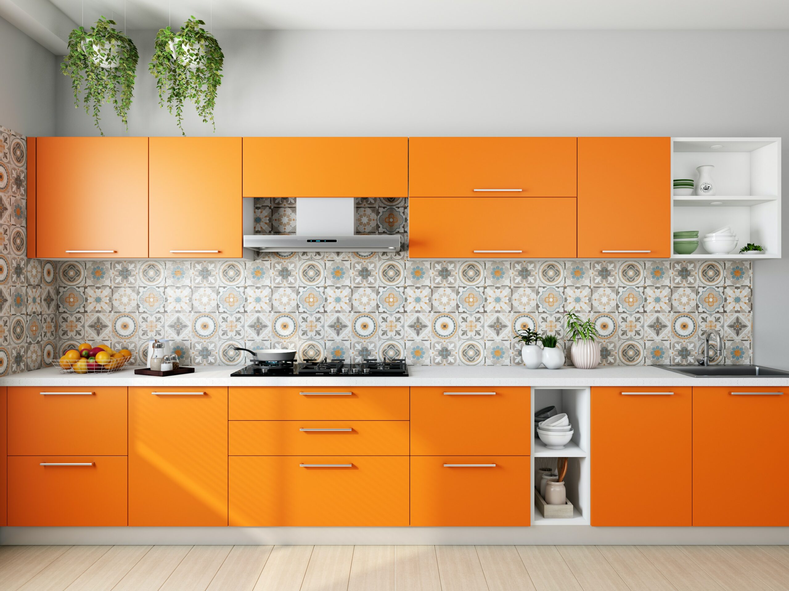 Contemporary Kitchen With Bright Orange Cabinetry