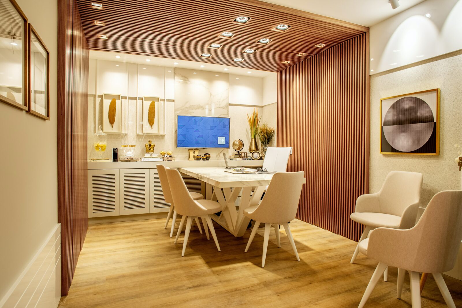 contemporary dining room with paneled ceiling and built-ins