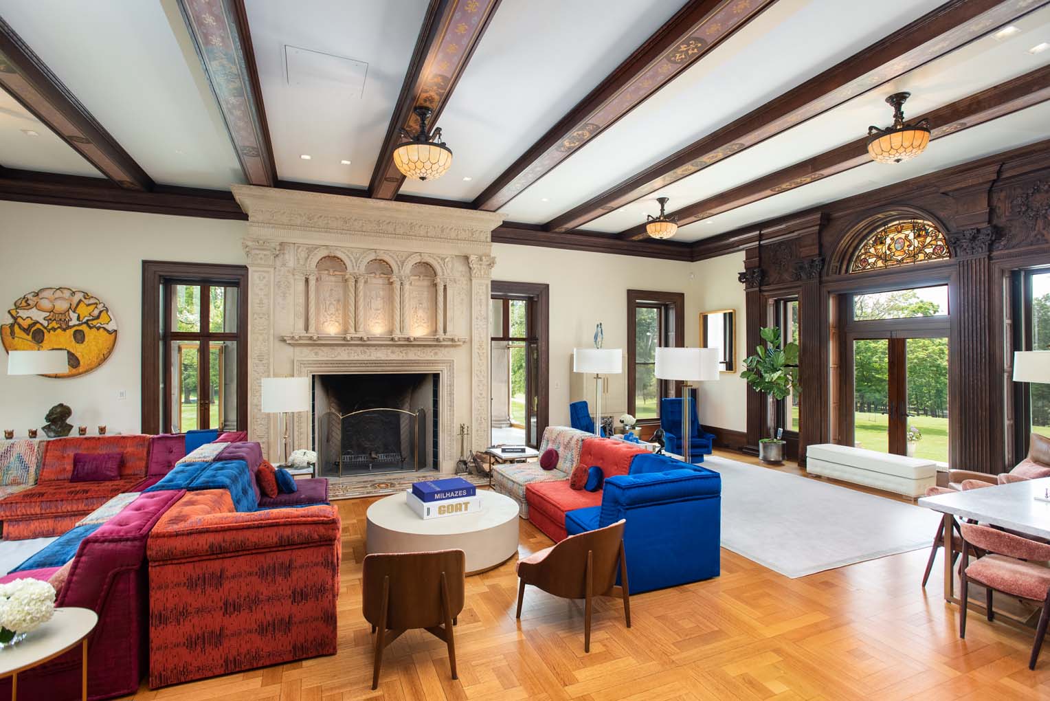 floor-to-ceiling limestone fireplace