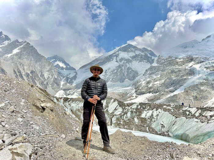 Hiker In Front Of Glacier In Nepal