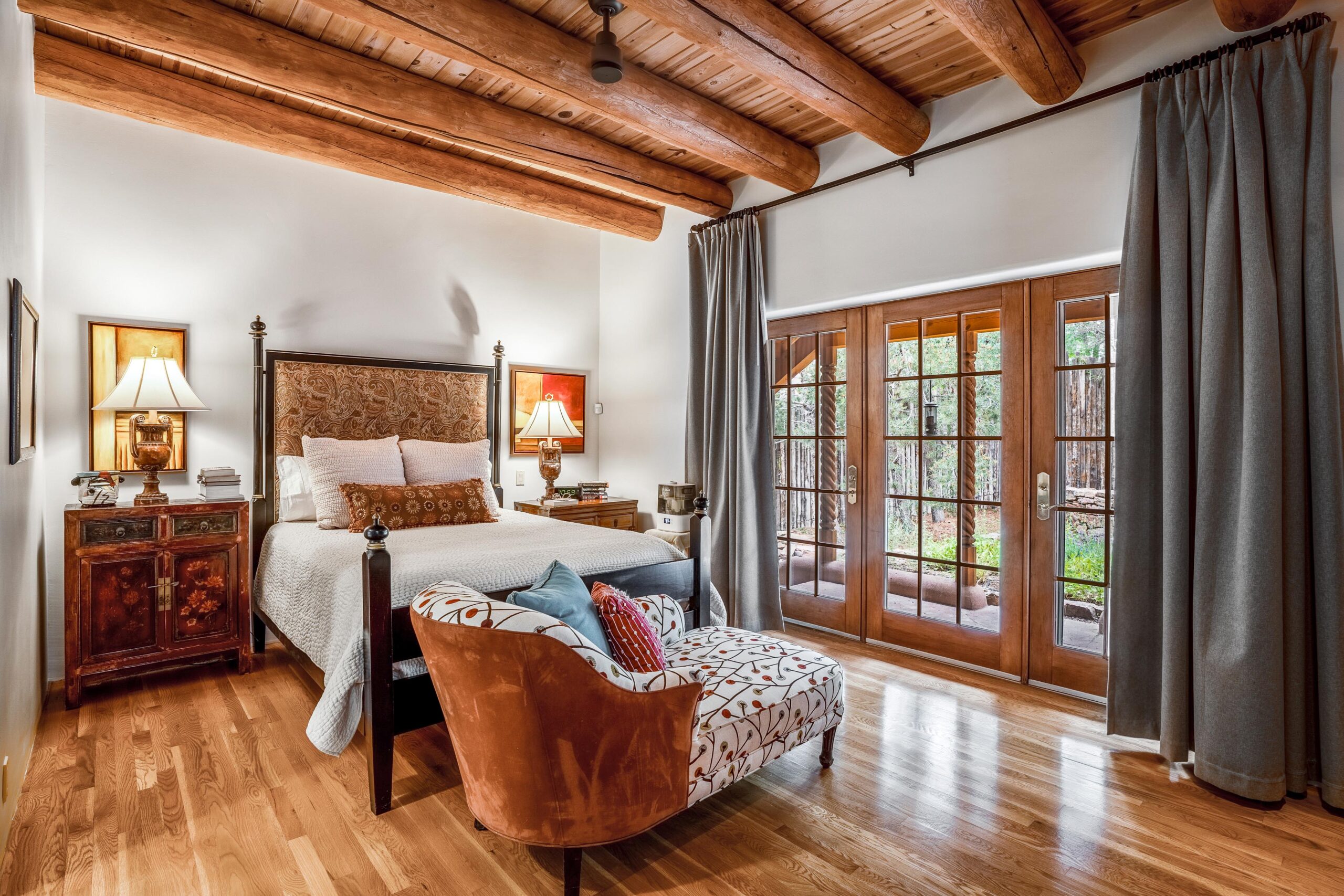 A bedroom in a Santa Fe adobe estate