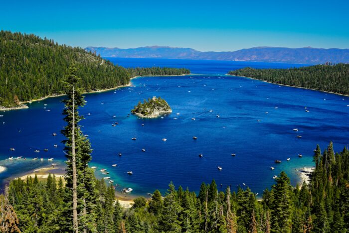 Lake Tahoe Blue Lake Bordered By Green Forest