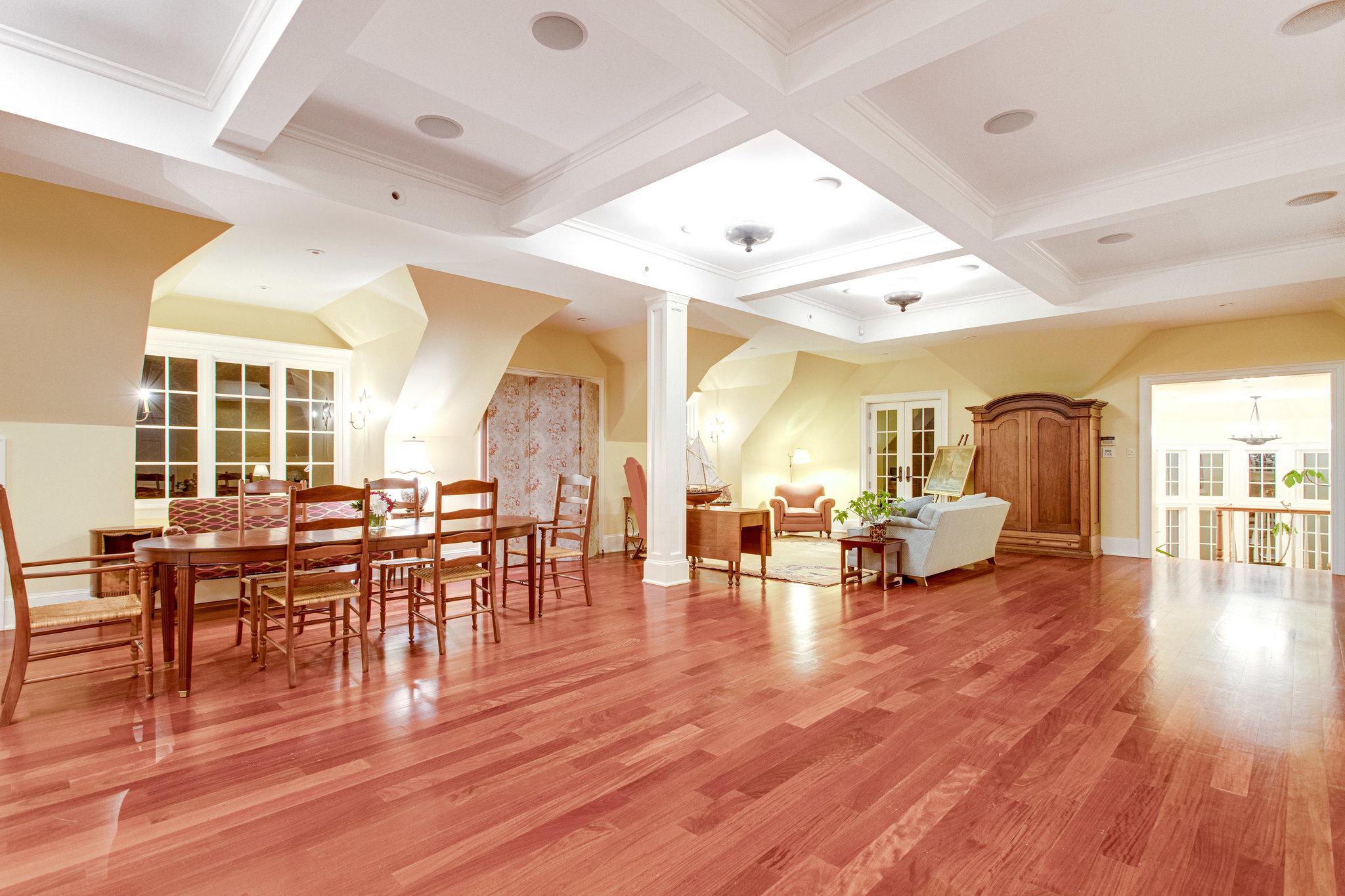 Ballroom on the third floor with coffered ceilings. 