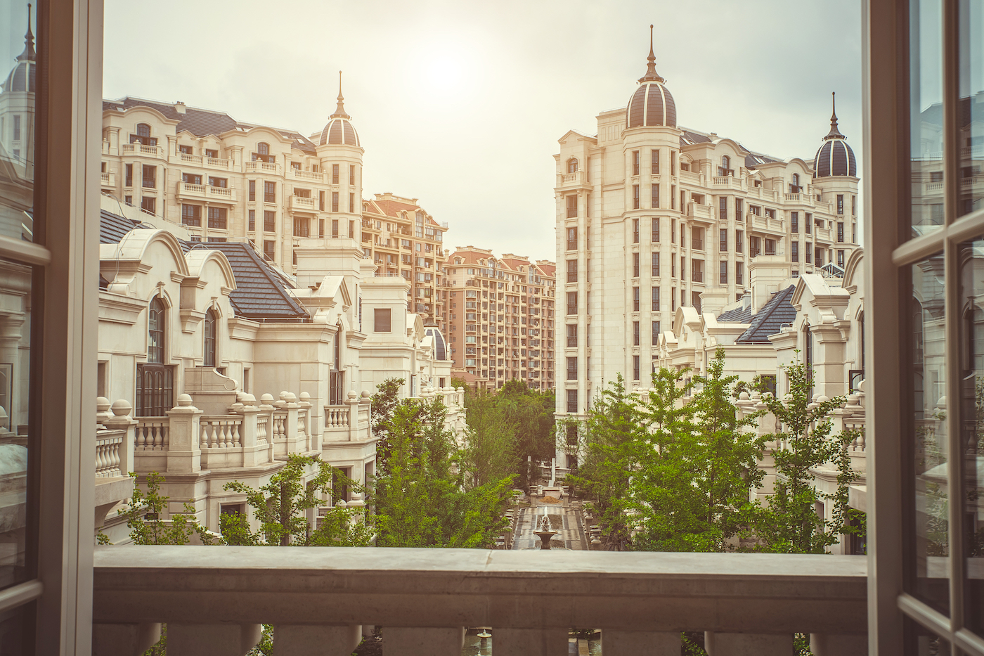 Residential building area in classic style. View from balcony. London luxury balcony view