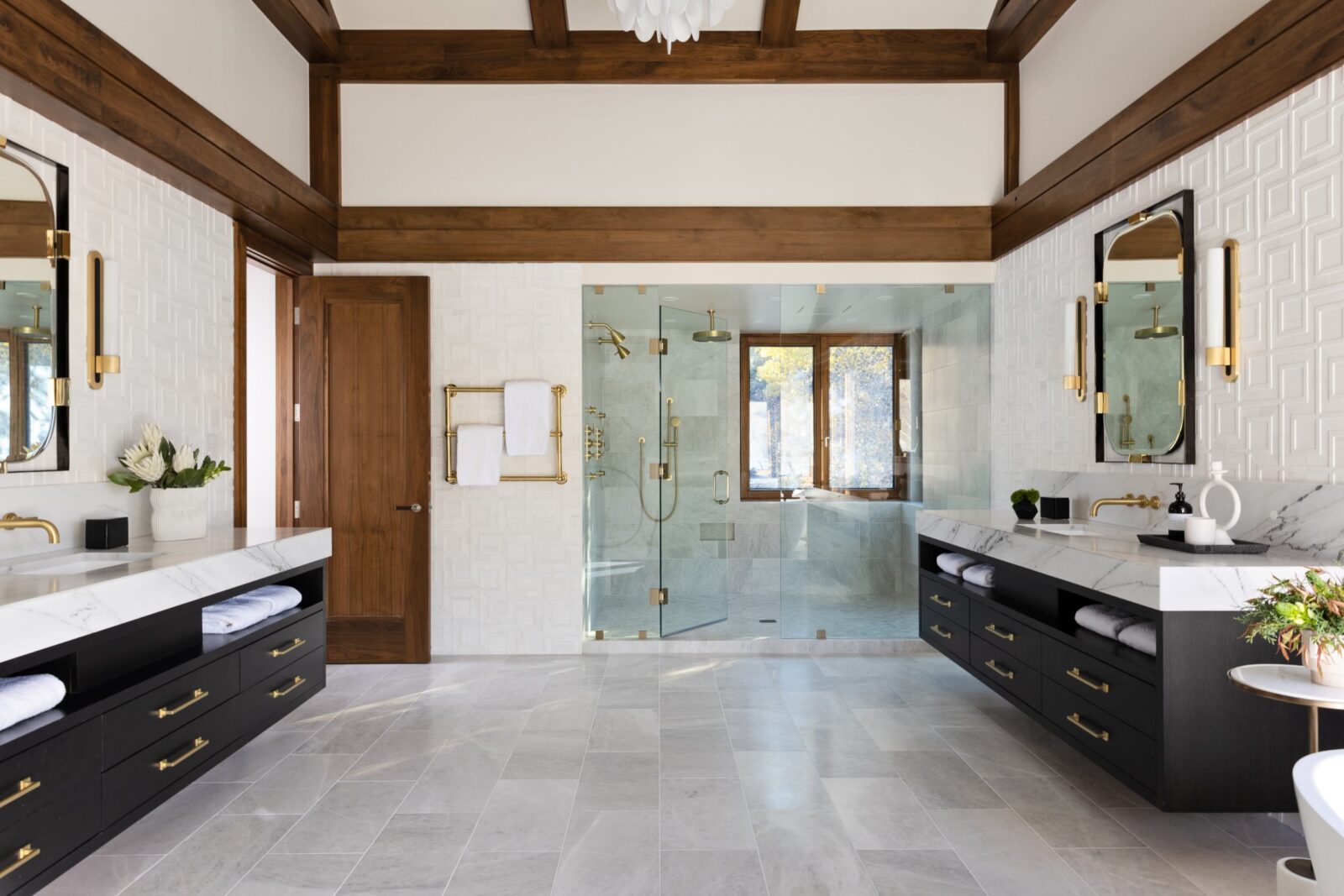 Expansive bathroom with dual vanities. 