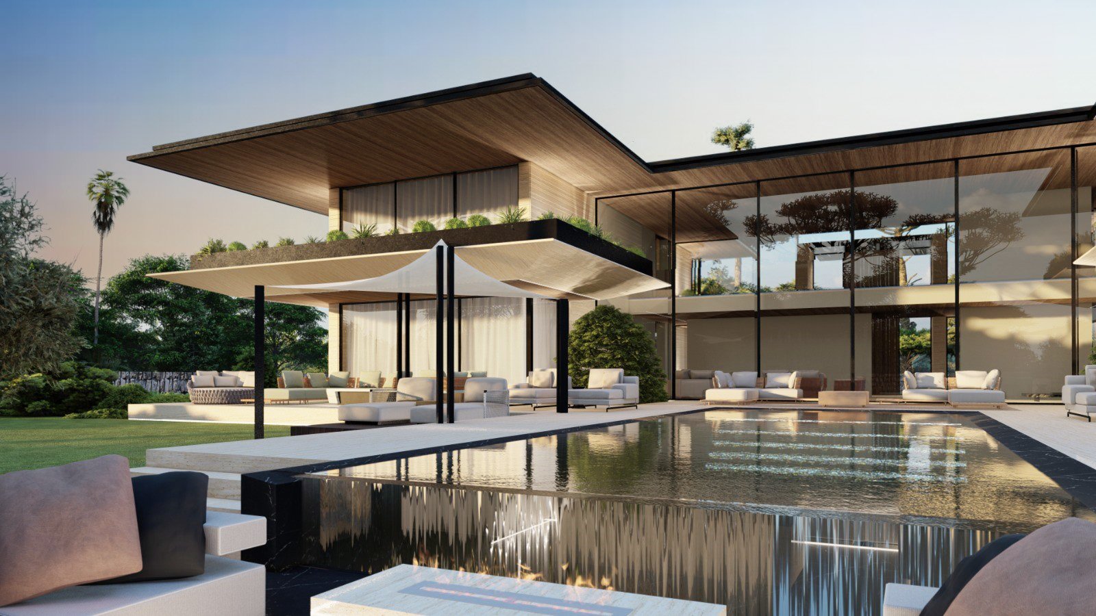 A wide estate with a contemporary look and a big reflective pool.