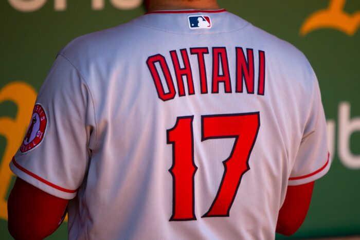 The back of a baseball jersey for Shohei Ohtani.